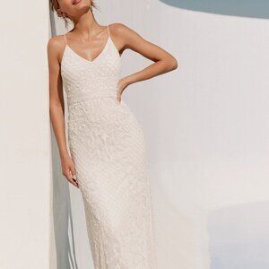 Lulus Cherished Vow White Beaded Backless Mermaid Maxi Dress - Size XS